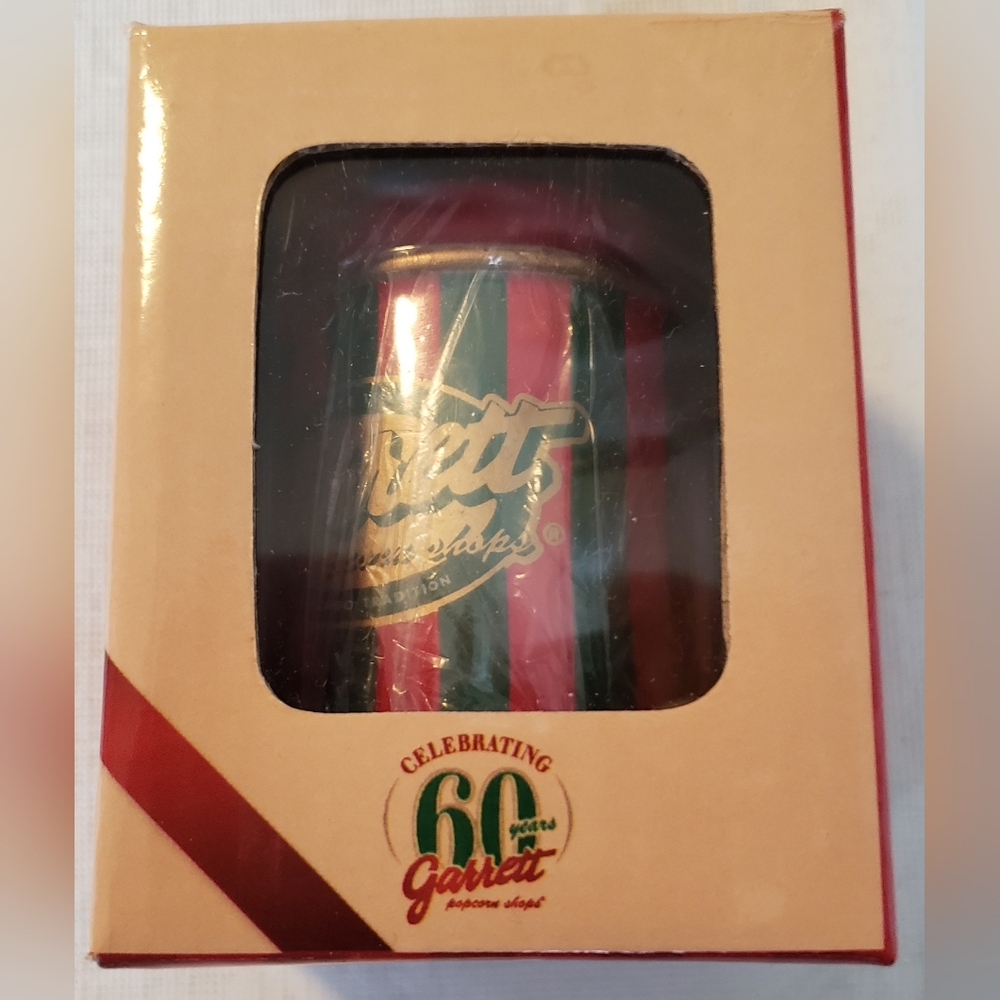 VERY RARE(NIB):  60TH ANNIVERSARY GARRETT POPCORN TIN BUCKET CHRISTMAS ORNAMENT